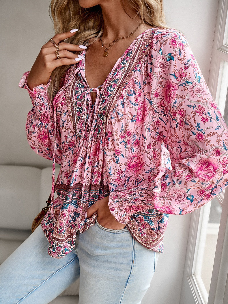 Laura | Blomstret Boho Tunika med Lange Ærmer