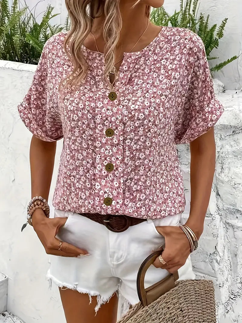 Clara | Blomstret Kortærmet Damebluse med Løs Pasform