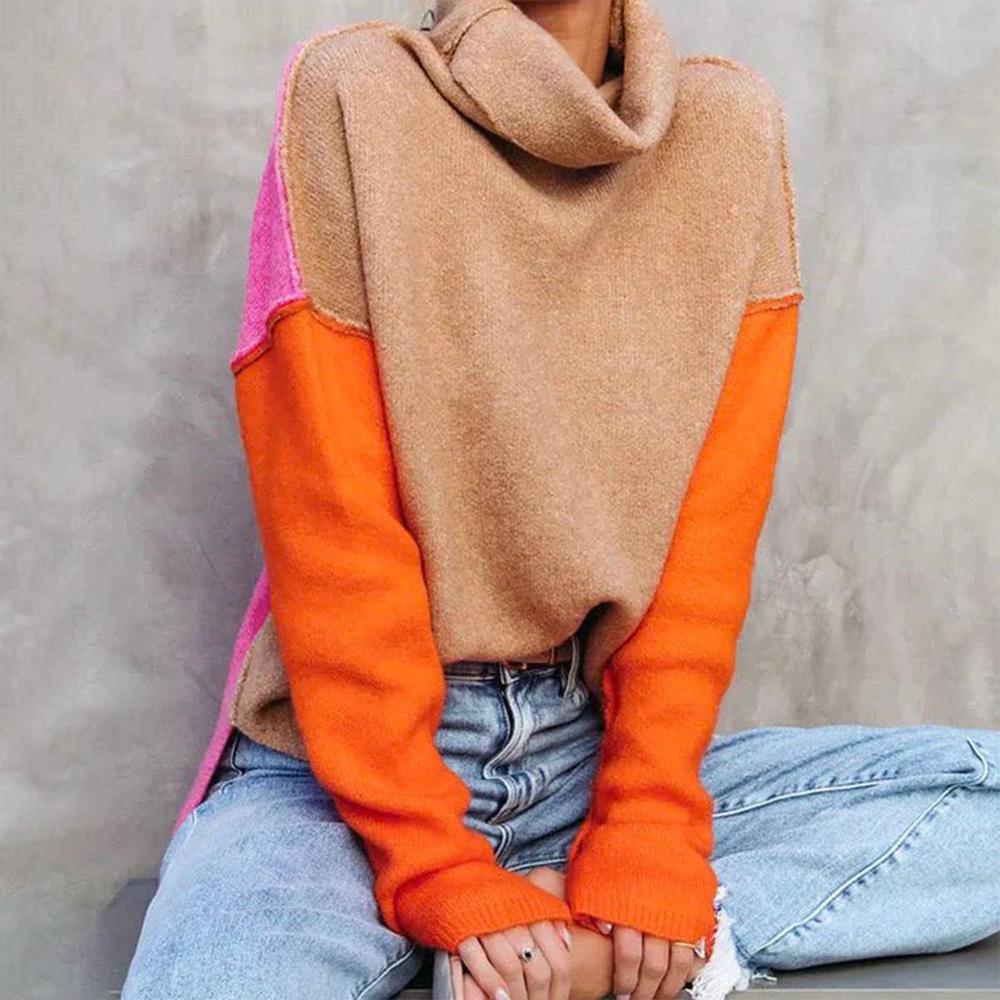 Lone | Varm Farveblok Rullekrave Sweater til Vinter