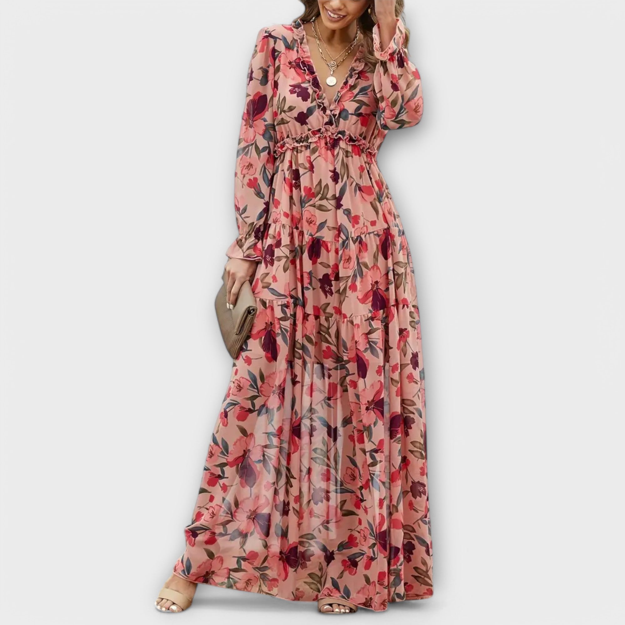 Elle | Blomstret Maxi Kjole med V-Hals