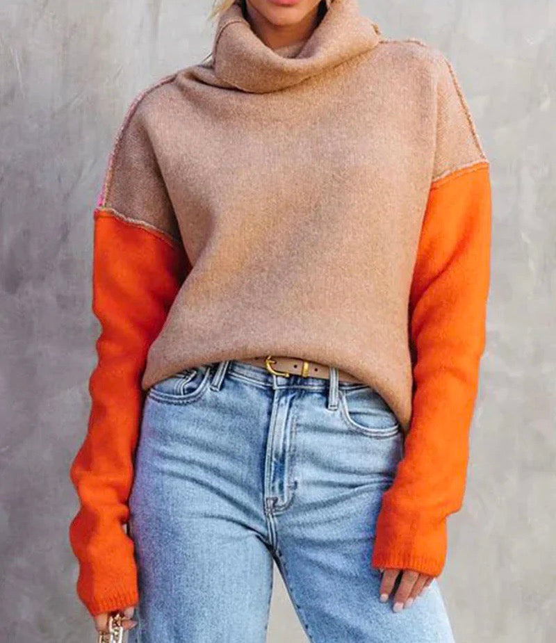 Lone | Varm Farveblok Rullekrave Sweater til Vinter