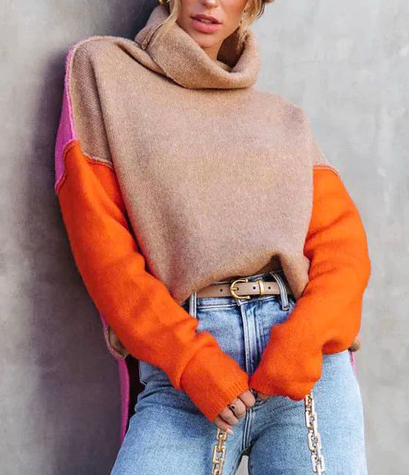 Lone | Varm Farveblok Rullekrave Sweater til Vinter