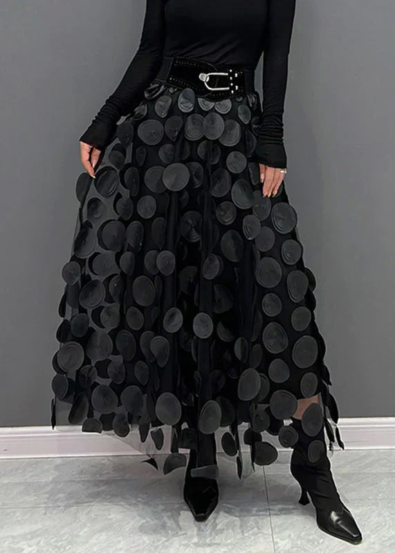 Christel | Elegant Sort Prikket Tylskørt med Patchwork