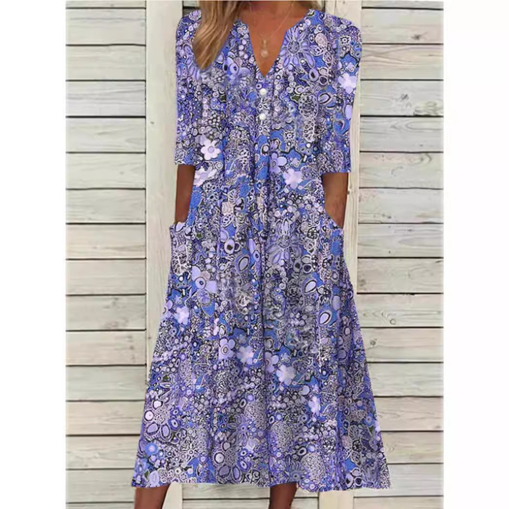 Andrea | Elegant Blomstret Kjole med Skjorte Design