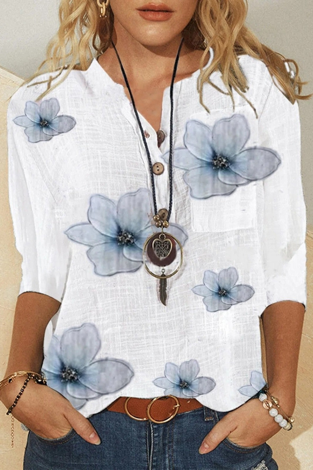 Anna | Blomstret V-hals Bluse med Løs Pasform