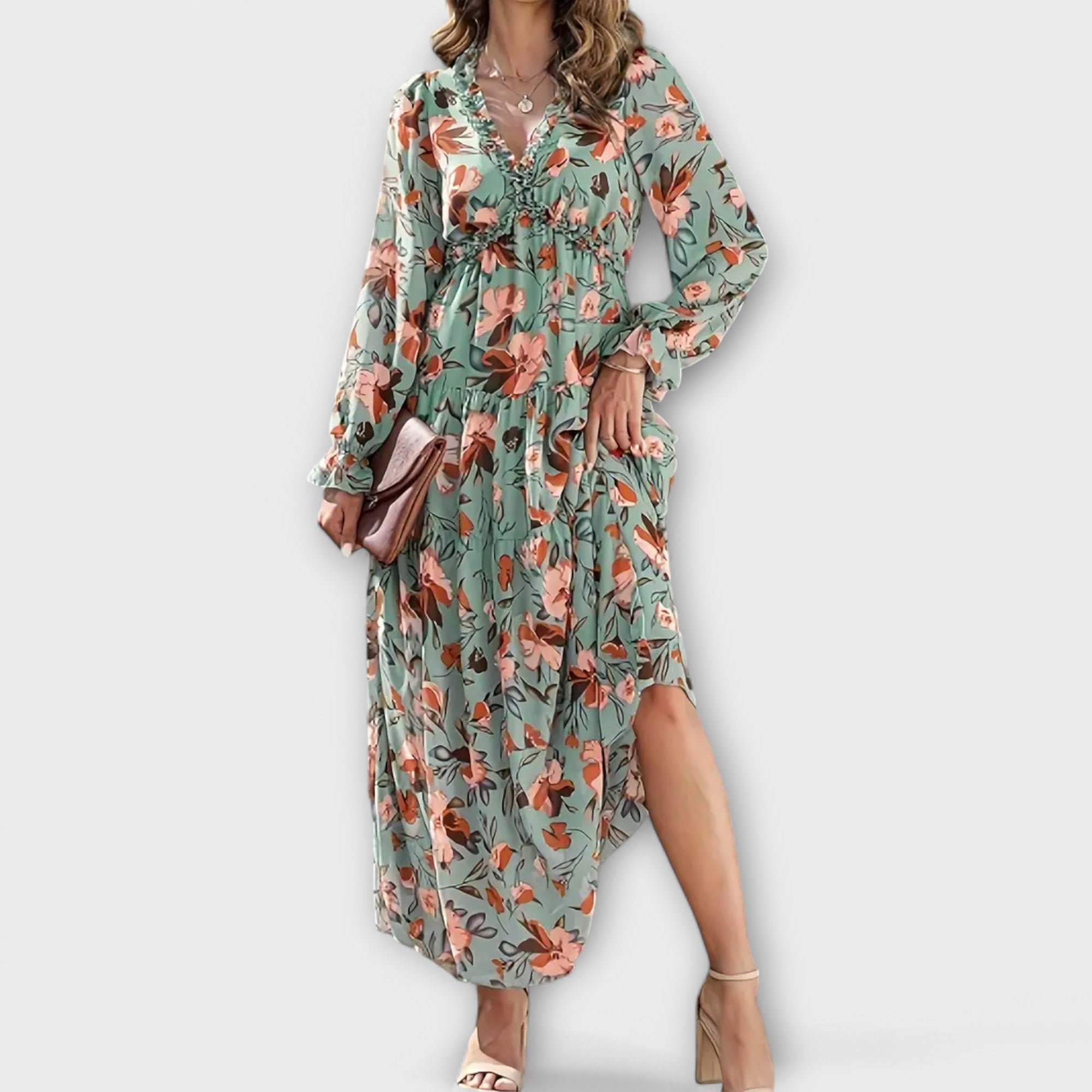 Elle | Blomstret Maxi Kjole med V-Hals