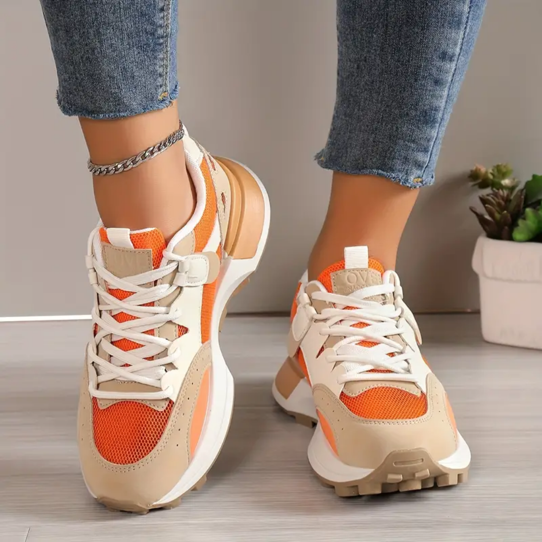 Dame - farveblok orange snøresko casual