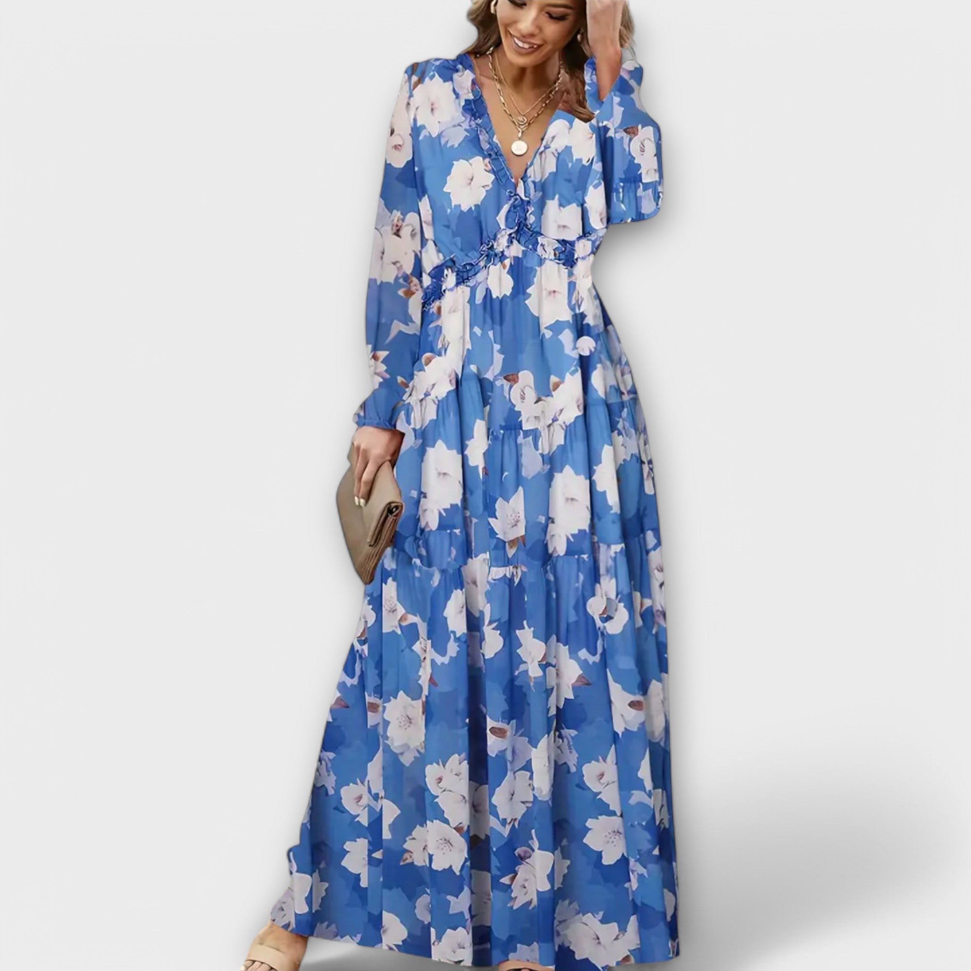 Elle | Blomstret Maxi Kjole med V-Hals