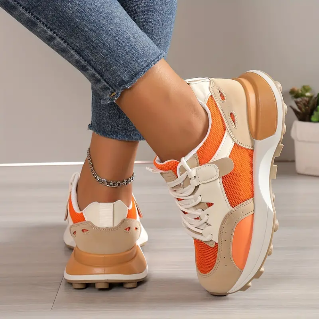 Dame - farveblok orange snøresko casual