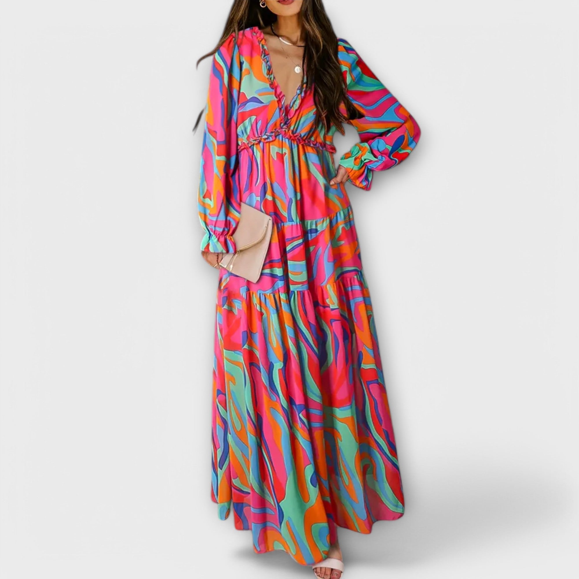Elle | Blomstret Maxi Kjole med V-Hals
