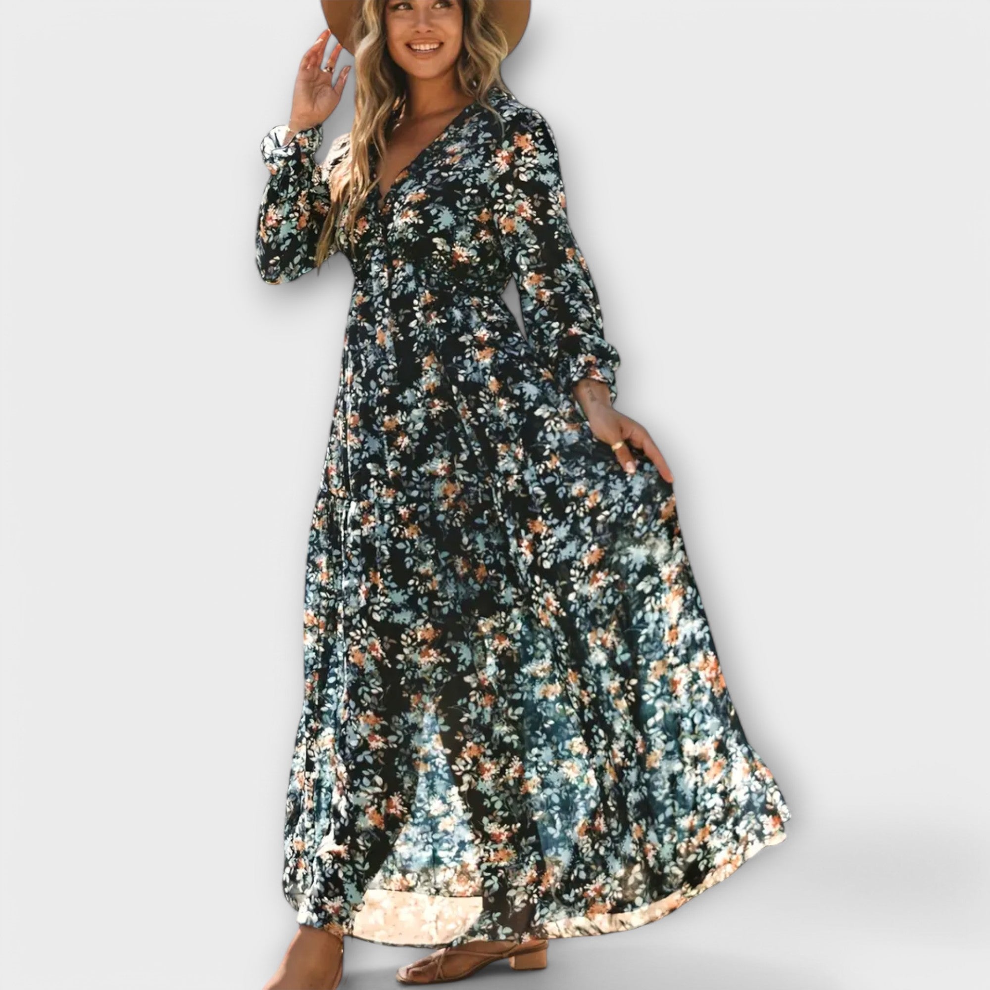Elle | Blomstret Maxi Kjole med V-Hals