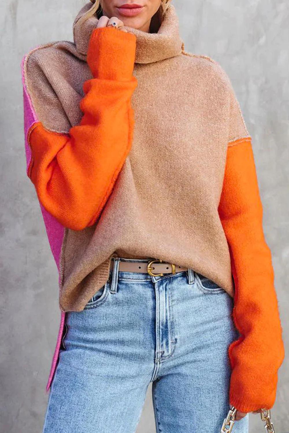 Lone | Varm Farveblok Rullekrave Sweater til Vinter