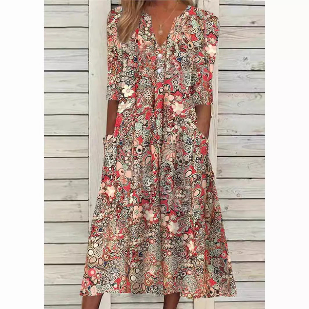 Andrea | Elegant Blomstret Kjole med Skjorte Design