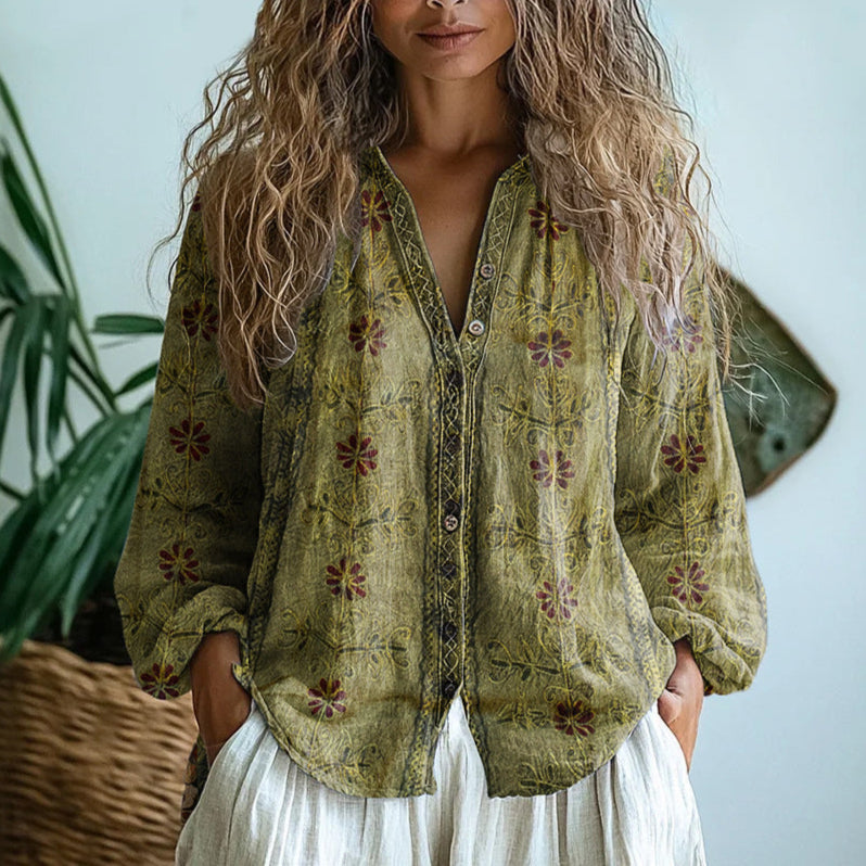 Ida┃Vintage Bluse Med Bladprint
