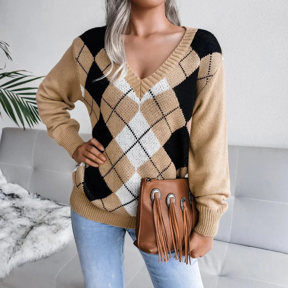 Bettina | Vinter Argyle V-Hals Sweater til Kvinder