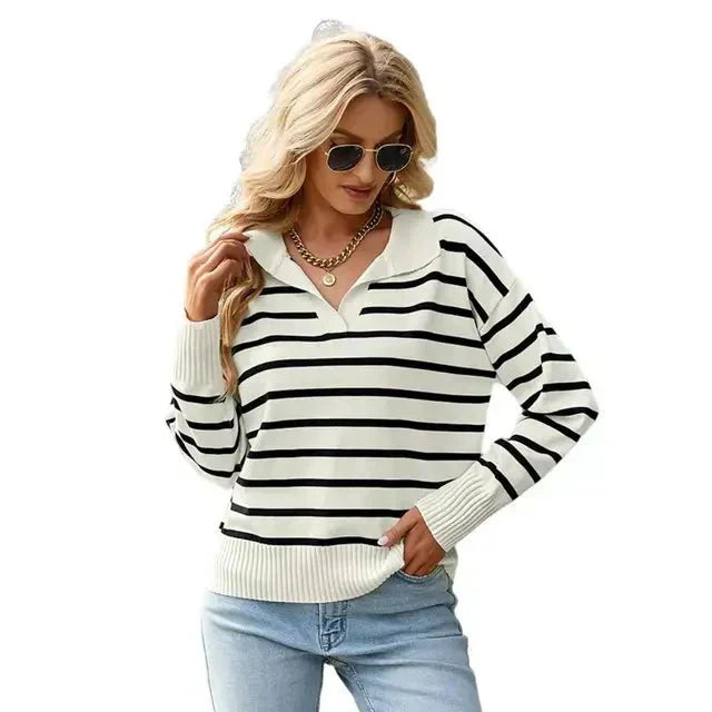 Amalie | Vinterklar Stribet Sweater med Krave