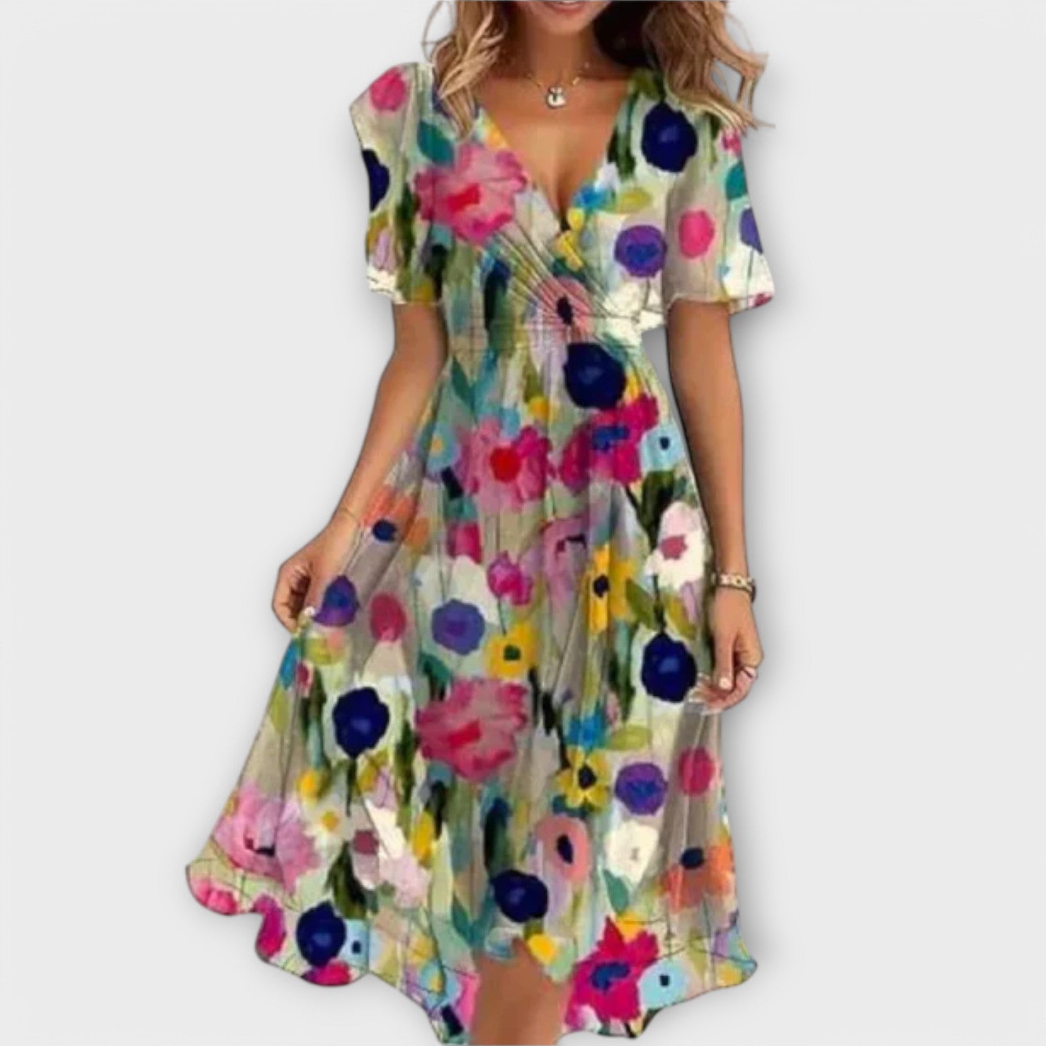 Beryl | Elegant Blomstret V-Hals Midi Kjole