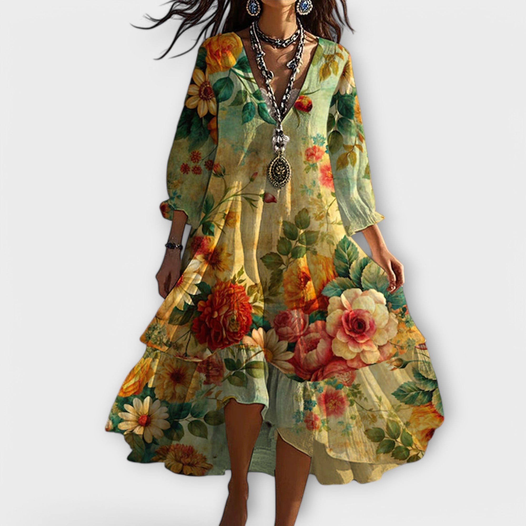 Bettina | Elegant Blomstret V-Hals Midi Kjole